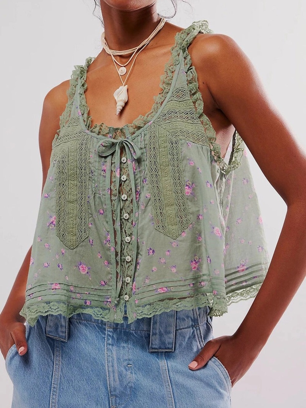 NWT Sage Green Floral Lace-Trim Tank Top